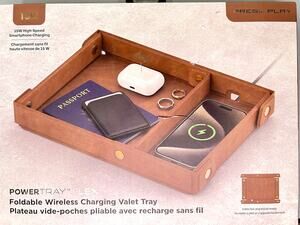 Press Play Brown Vegan Leather Foldable Wireless Charging Pad And Valet Tray